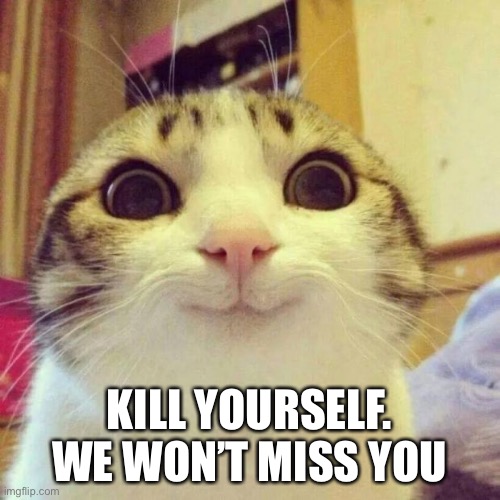 Threats of death | KILL YOURSELF. WE WON’T MISS YOU | image tagged in memes,smiling cat | made w/ Imgflip meme maker
