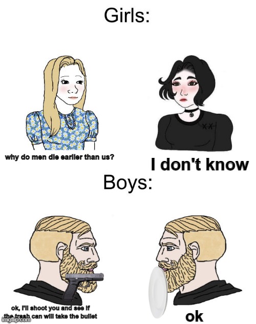 Girls vs Boys Chads | why do men die earlier than us? I don't know; ok, I'll shoot you and see if the trash can will take the bullet; ok | image tagged in girls vs boys chads,why are you reading the tags,barney will eat all of your delectable biscuits | made w/ Imgflip meme maker