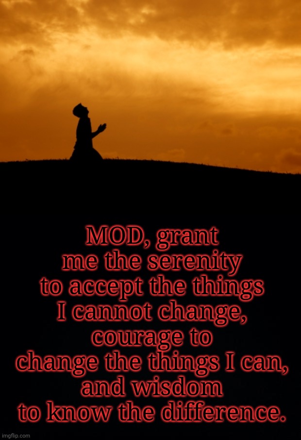 MOD, grant me the serenity to accept the things I cannot change,
courage to change the things I can,
and wisdom to know the difference. | image tagged in prayer,black background | made w/ Imgflip meme maker