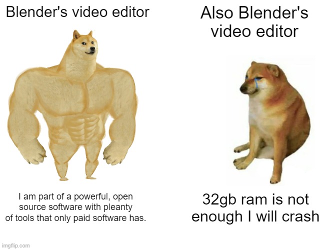 Blender's video editor be like: | Blender's video editor; Also Blender's video editor; I am part of a powerful, open source software with pleanty of tools that only paid software has. 32gb ram is not enough I will crash | image tagged in memes,buff doge vs cheems | made w/ Imgflip meme maker