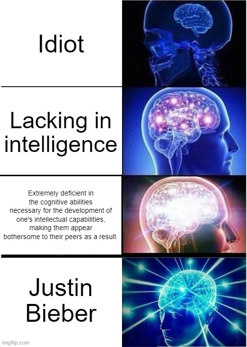 justin bieber is hitler and somebody should stop him |  Idiot; Lacking in intelligence; Extremely deficient in the cognitive abilities necessary for the development of one's intellectual capabilities, making them appear bothersome to their peers as a result; Justin Bieber | image tagged in memes,expanding brain,idiots,justin bieber,increasingly verbose,hitler | made w/ Imgflip meme maker