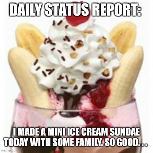 ice cream sundae  | DAILY STATUS REPORT:; I MADE A MINI ICE CREAM SUNDAE TODAY WITH SOME FAMILY. SO GOOD. . . | image tagged in ice cream sundae,daily,status,report | made w/ Imgflip meme maker