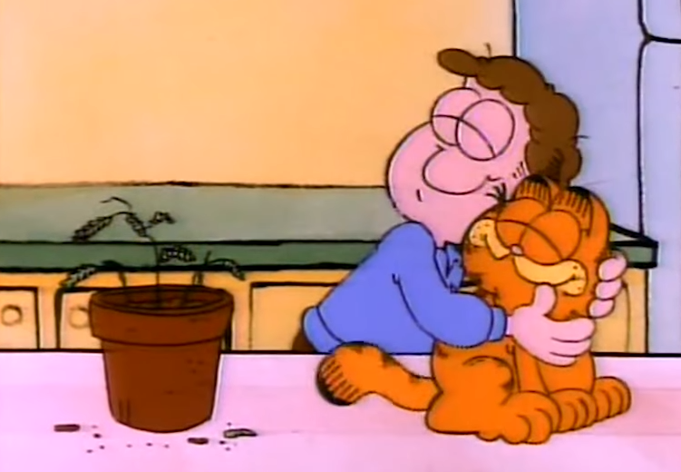 Jon hugging Garfield right next to a dead fern Blank Meme Template