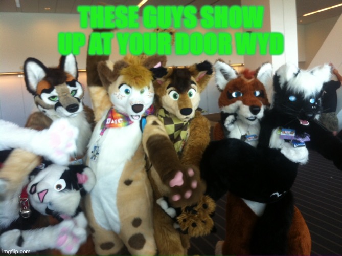 I’d hug them :3 | THESE GUYS SHOW UP AT YOUR DOOR WYD | image tagged in furries | made w/ Imgflip meme maker