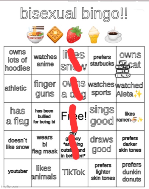 Did this for fun, I was bored | WHY MUST YOU HURT ME THIS WAY? | image tagged in bi bingo | made w/ Imgflip meme maker