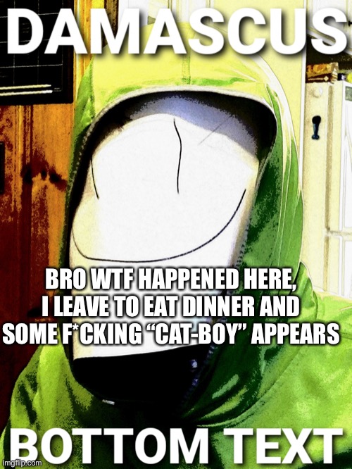 Wtf | BRO WTF HAPPENED HERE, I LEAVE TO EAT DINNER AND SOME F*CKING “CAT-BOY” APPEARS | image tagged in damascus | made w/ Imgflip meme maker