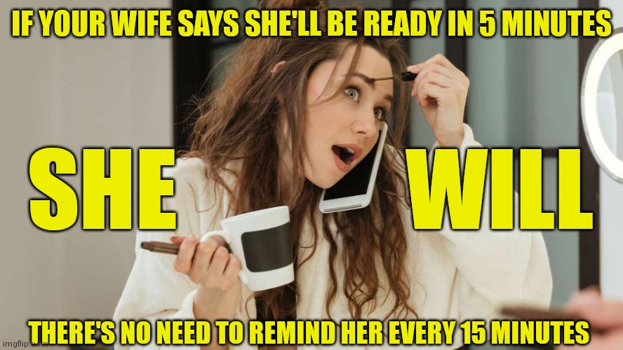 5 minutes | IF YOUR WIFE SAYS SHE'LL BE READY IN 5 MINUTES; SHE             WILL; THERE'S NO NEED TO REMIND HER EVERY 15 MINUTES | image tagged in marriage | made w/ Imgflip meme maker