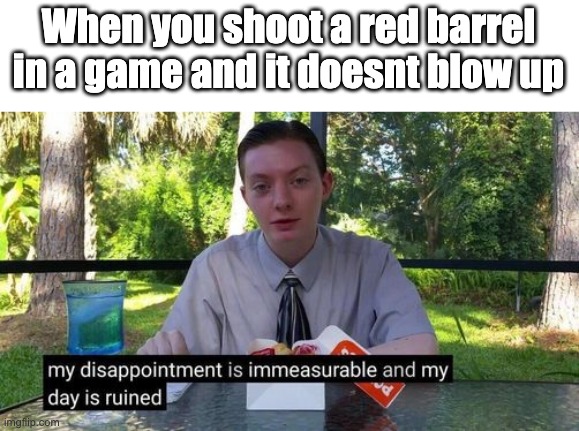 such a letdown | When you shoot a red barrel in a game and it doesnt blow up | image tagged in my day is ruined and my disappointment is immeasurable | made w/ Imgflip meme maker