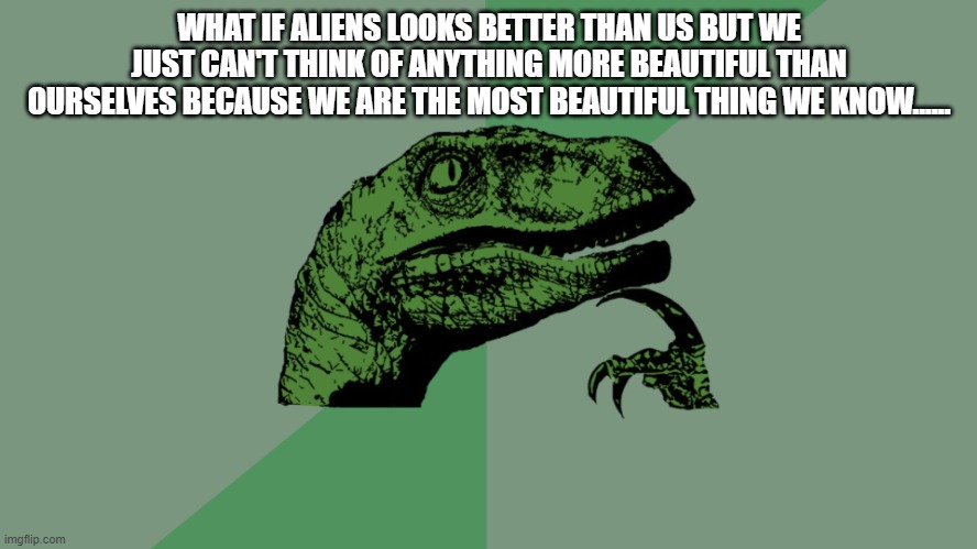 Hmmmmm.No hate pls | WHAT IF ALIENS LOOKS BETTER THAN US BUT WE JUST CAN'T THINK OF ANYTHING MORE BEAUTIFUL THAN OURSELVES BECAUSE WE ARE THE MOST BEAUTIFUL THING WE KNOW...... | image tagged in philosophy dinosaur | made w/ Imgflip meme maker