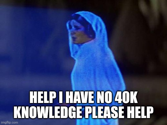 help me obi wan | HELP I HAVE NO 40K KNOWLEDGE PLEASE HELP | image tagged in help me obi wan | made w/ Imgflip meme maker