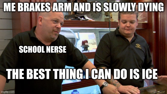 Pawn Stars Best I Can Do | ME BRAKES ARM AND IS SLOWLY DYING; SCHOOL NURSE; THE BEST THING I CAN DO IS ICE | image tagged in pawn stars best i can do | made w/ Imgflip meme maker