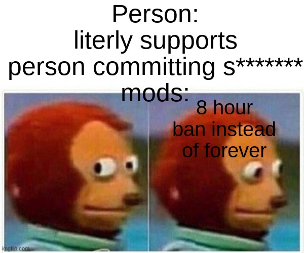 Monkey Puppet Meme | Person: literly supports person committing s*******
mods:; 8 hour ban instead of forever | image tagged in memes,monkey puppet | made w/ Imgflip meme maker