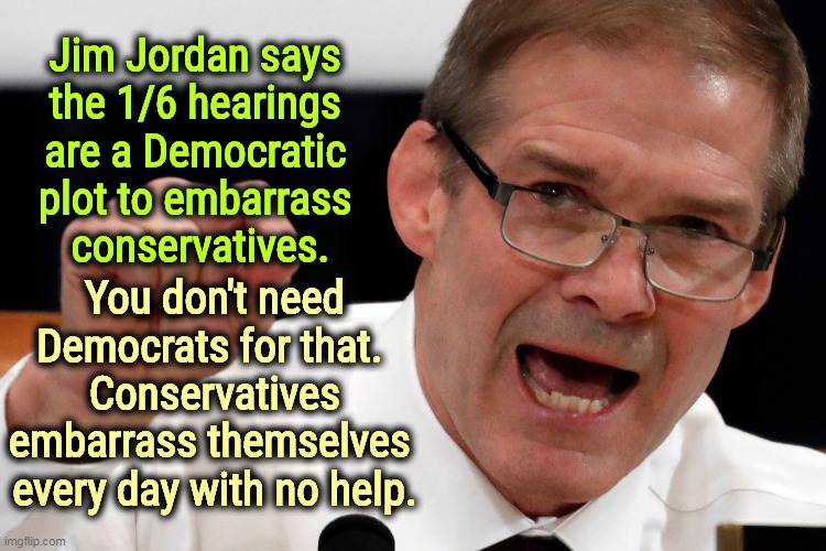 No assistance required. | Jim Jordan says 
the 1/6 hearings 
are a Democratic 
plot to embarrass 
conservatives. You don't need Democrats for that. 
Conservatives embarrass themselves 
every day with no help. | image tagged in ohio congressman jim jordan saying something stupid,conservatives,embarrassing | made w/ Imgflip meme maker