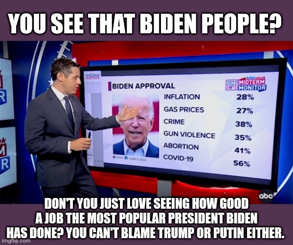 No More Malarkey, Decency Is In The White House Again, Build Back Better, GTFOH |  YOU SEE THAT BIDEN PEOPLE? DON'T YOU JUST LOVE SEEING HOW GOOD A JOB THE MOST POPULAR PRESIDENT BIDEN HAS DONE? YOU CAN'T BLAME TRUMP OR PUTIN EITHER. | image tagged in losers,leftist,pitiful | made w/ Imgflip meme maker