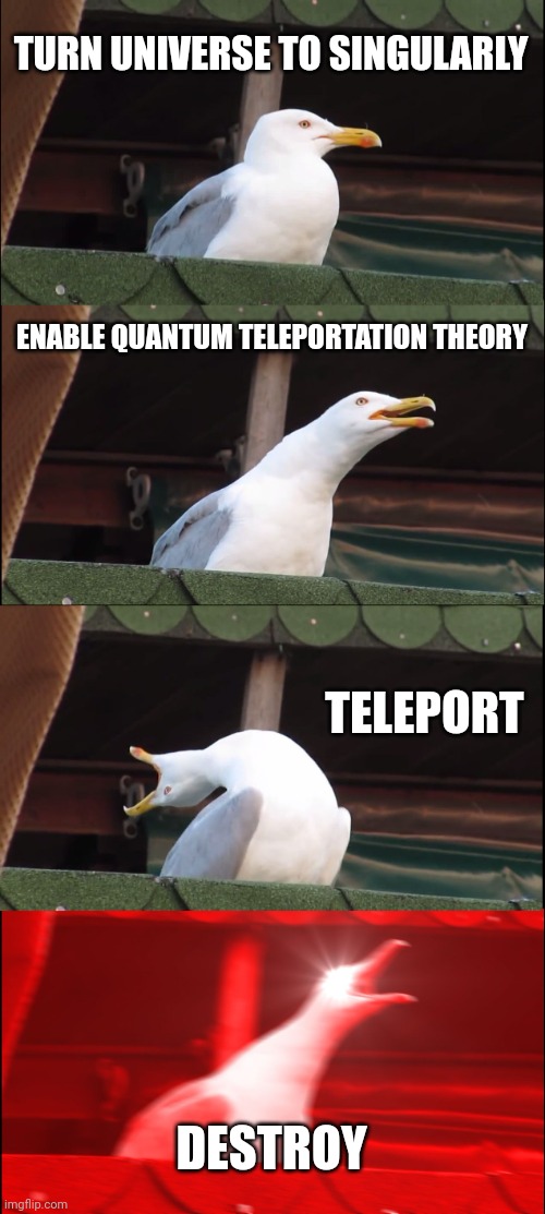 Inhaling Seagull Meme | TURN UNIVERSE TO SINGULARLY; ENABLE QUANTUM TELEPORTATION THEORY; TELEPORT; DESTROY | image tagged in memes,inhaling seagull | made w/ Imgflip meme maker