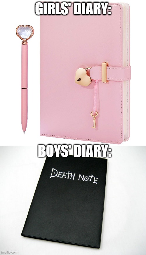 A weapon that can make guns look like a child's toy!!¯\_(ツ)_/¯ | GIRLS' DIARY:; BOYS' DIARY: | image tagged in dear diary,death note,school meme,memes | made w/ Imgflip meme maker