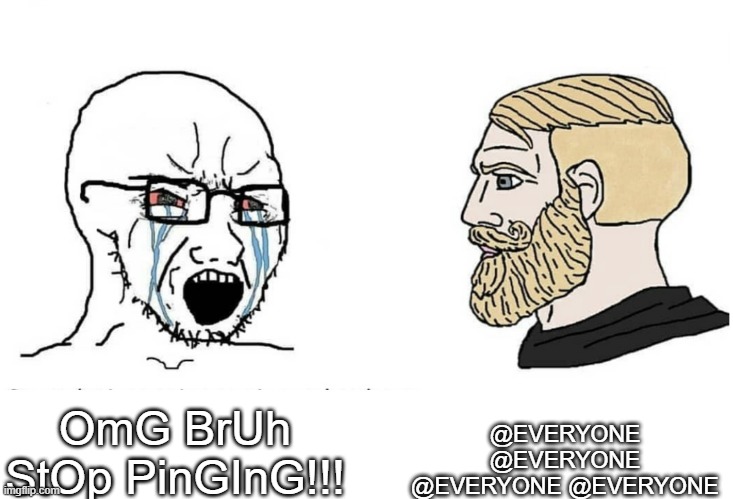 omflg no ping |  @EVERYONE @EVERYONE @EVERYONE @EVERYONE; OmG BrUh StOp PinGInG!!! | image tagged in soyboy vs yes chad,discord,butthurt | made w/ Imgflip meme maker
