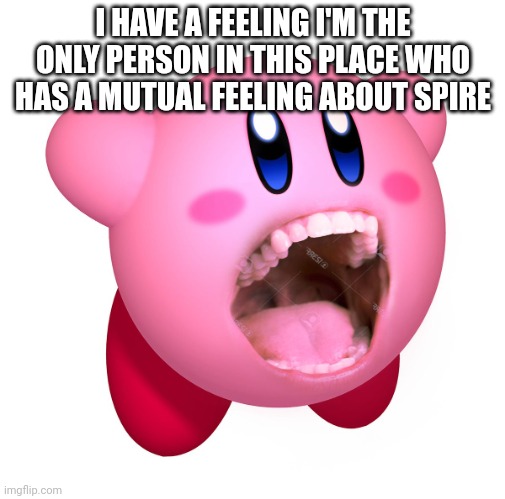 Kirby with teeth (god is extinct) | I HAVE A FEELING I'M THE ONLY PERSON IN THIS PLACE WHO HAS A MUTUAL FEELING ABOUT SPIRE | image tagged in kirby with teeth god is extinct | made w/ Imgflip meme maker