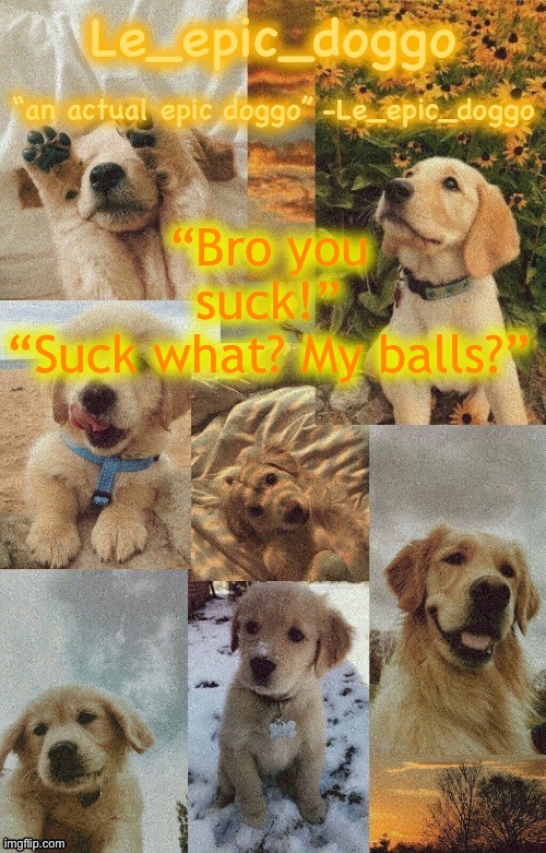 Doggo temp by doggo. Wait what that’s confusing | “Bro you suck!”
“Suck what? My balls?” | image tagged in doggo temp by doggo wait what that s confusing | made w/ Imgflip meme maker