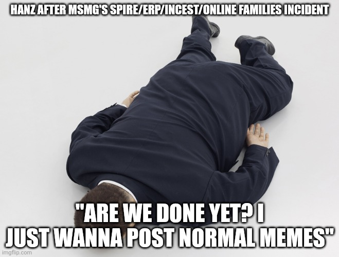 laying down | HANZ AFTER MSMG'S SPIRE/ERP/INCEST/ONLINE FAMILIES INCIDENT; "ARE WE DONE YET? I JUST WANNA POST NORMAL MEMES" | image tagged in laying down | made w/ Imgflip meme maker