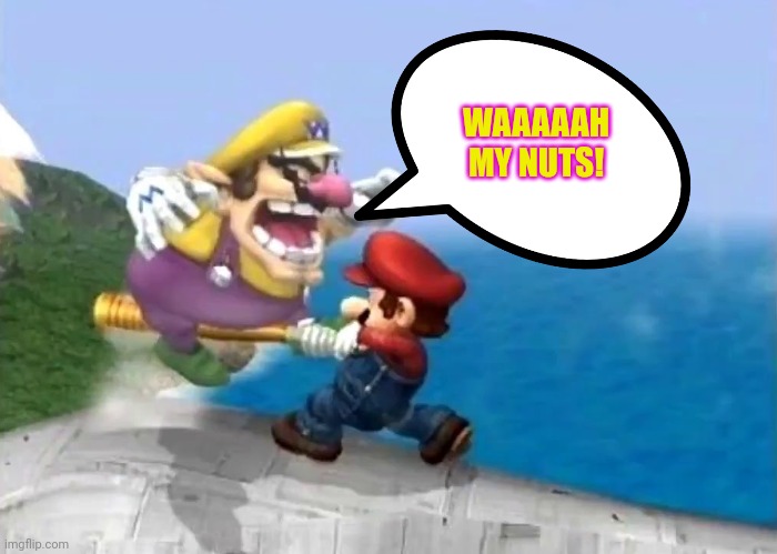 Mario hits Wario's nuts with a baseball bat.mp3 |  WAAAAAH MY NUTS! | image tagged in mario hits wario's nuts with a bat,wario,wario dies,mario,baseball,bat | made w/ Imgflip meme maker