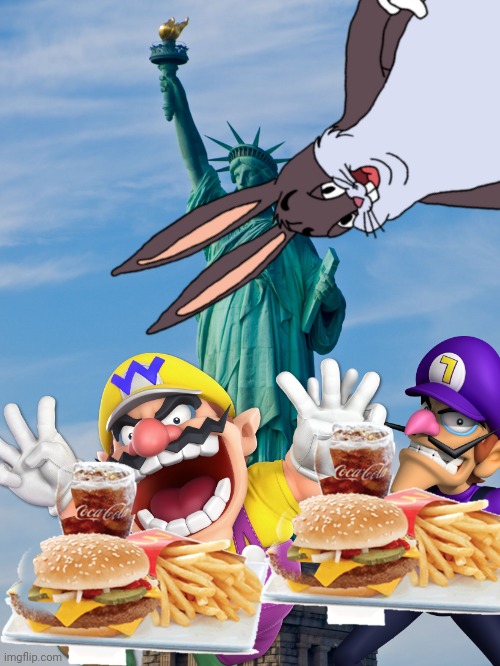 Wario (and Waluigi) die while eating Mcdonalds next to the statue of liberty when big chungus is about to attack.mp3 | image tagged in wario dies,wario,waluigi,big chungus,mcdonalds,statue of liberty | made w/ Imgflip meme maker
