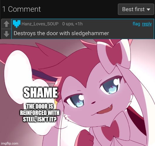 SHAME; THE DOOR IS REINFORCED WITH STEEL, ISN'T IT? | image tagged in sylveon | made w/ Imgflip meme maker