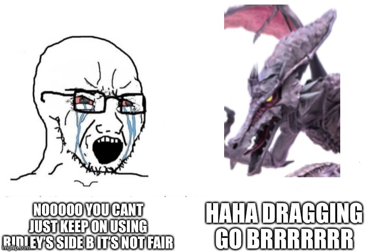 Ridley’s side B is OP tho | HAHA DRAGGING GO BRRRRRRR; NOOOOO YOU CANT JUST KEEP ON USING RIDLEY’S SIDE B IT’S NOT FAIR | image tagged in soyboy vs yes chad | made w/ Imgflip meme maker