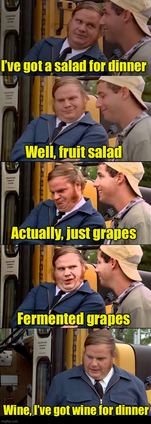 What’s for dinner? | I’ve got a salad for dinner; Well, fruit salad; Actually, just grapes; Fermented grapes; Wine, I’ve got wine for dinner | image tagged in adam sandler and chris farley bus convo | made w/ Imgflip meme maker