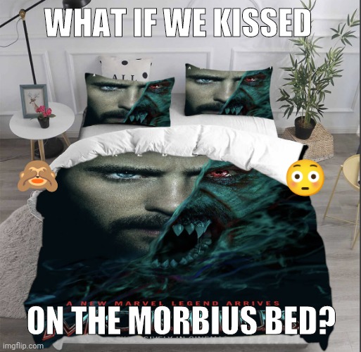 Idk think about it ;) | WHAT IF WE KISSED; 🙈; 😳; ON THE MORBIUS BED? | image tagged in morbius bed,what if we kissed,morbius,it's morbin' time,get morbed,memes | made w/ Imgflip meme maker