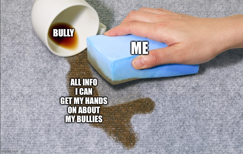Sponge absorbing water | BULLY; ALL INFO I CAN GET MY HANDS ON ABOUT MY BULLIES; ME | image tagged in sponge absorbing water | made w/ Imgflip meme maker