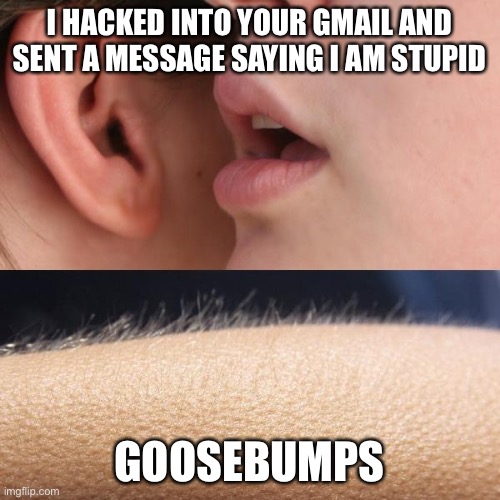 Cue scream | I HACKED INTO YOUR GMAIL AND SENT A MESSAGE SAYING I AM STUPID; GOOSEBUMPS | image tagged in whisper and goosebumps | made w/ Imgflip meme maker