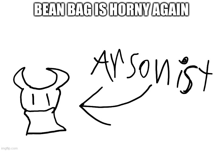 arsonist | BEAN BAG IS HORNY AGAIN | image tagged in arsonist | made w/ Imgflip meme maker