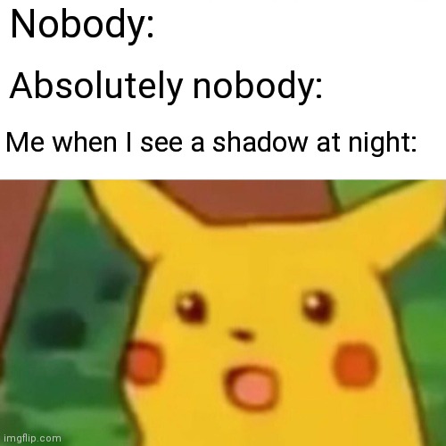 Surprised Pikachu Meme | Nobody:; Absolutely nobody:; Me when I see a shadow at night: | image tagged in memes,surprised pikachu | made w/ Imgflip meme maker