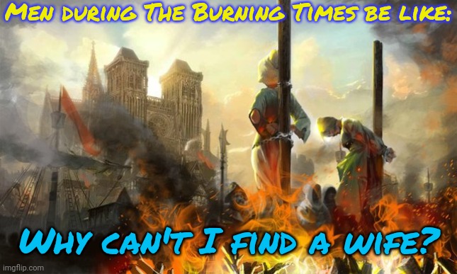 After show trials. | Men during The Burning Times be like:; Why can't I find a wife? | image tagged in witch burning,misogyny,christianity,murder | made w/ Imgflip meme maker