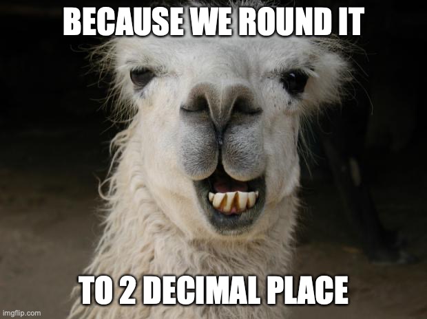 Because Llama | BECAUSE WE ROUND IT TO 2 DECIMAL PLACE | image tagged in because llama | made w/ Imgflip meme maker