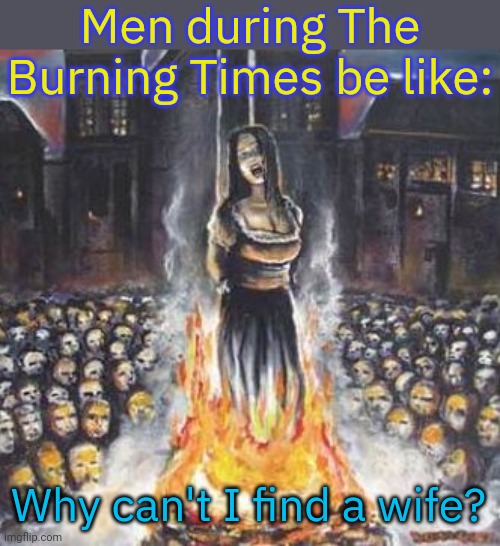 After show trials. | Men during The Burning Times be like:; Why can't I find a wife? | image tagged in burning witch,christianity,murder,misogyny | made w/ Imgflip meme maker