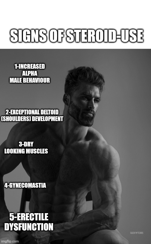 Yes | SIGNS OF STEROID-USE; 1-INCREASED ALPHA MALE BEHAVIOUR; 2-EXCEPTIONAL DELTOID (SHOULDERS) DEVELOPMENT; 3-DRY LOOKING MUSCLES; 4-GYNECOMASTIA; 5-ERECTILE DYSFUNCTION | image tagged in giga chad | made w/ Imgflip meme maker