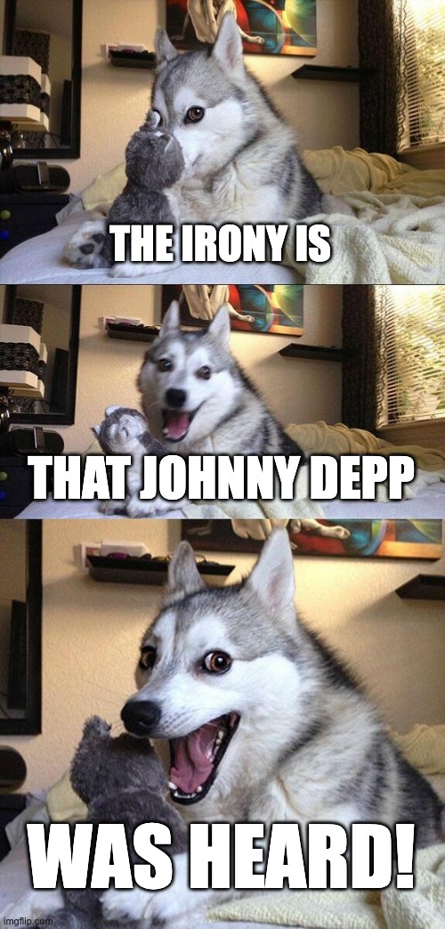 Irony Is Johnny Was Finally Heard | THE IRONY IS; THAT JOHNNY DEPP; WAS HEARD! | image tagged in memes,bad pun dog,johnny depp,amber heard,irony | made w/ Imgflip meme maker