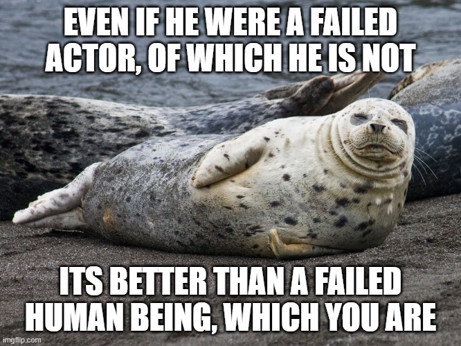 A sea Lion is still a Lion | EVEN IF HE WERE A FAILED ACTOR, OF WHICH HE IS NOT ITS BETTER THAN A FAILED HUMAN BEING, WHICH YOU ARE | image tagged in a sea lion is still a lion | made w/ Imgflip meme maker