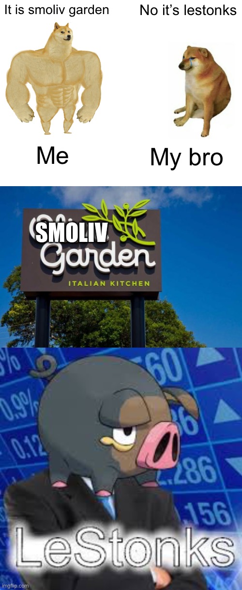It is smoliv garden; No it’s lestonks; Me; My bro; SMOLIV | image tagged in memes,buff doge vs cheems,olive garden,lestonks | made w/ Imgflip meme maker
