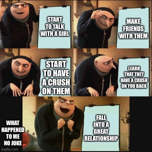 5 panel gru meme | START TO TALK WITH A GIRL; MAKE FRIENDS WITH THEM; LEARN THAT THEY HAVE A CRUSH ON YOU BACK; START TO HAVE A CRUSH ON THEM; FALL INTO A GREAT RELATIONSHIP; WHAT HAPPENED TO ME NO JOKE | image tagged in 5 panel gru meme | made w/ Imgflip meme maker