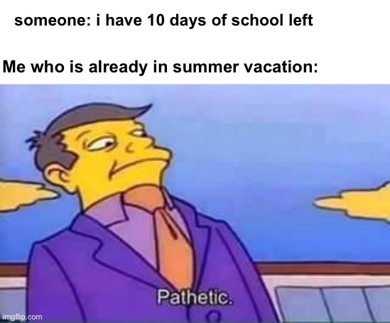 This is very true | someone: i have 10 days of school left; Me who is already in summer vacation: | image tagged in skinner pathetic,memes,funny,summer | made w/ Imgflip meme maker