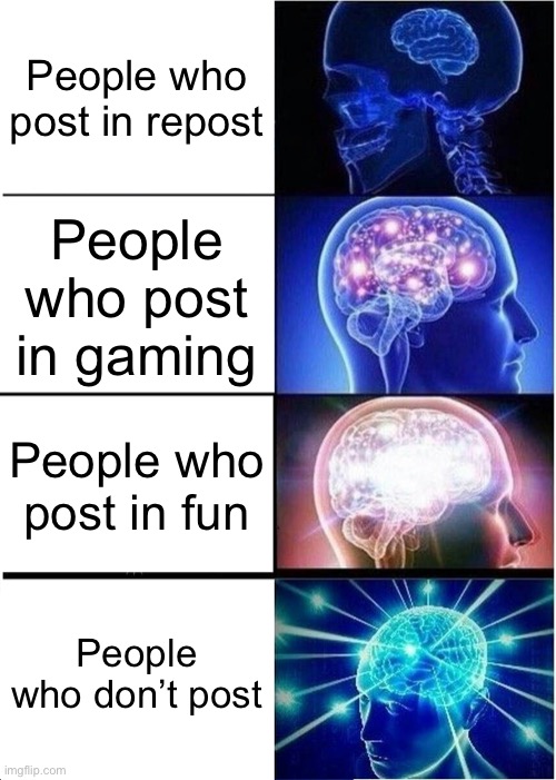 Expanding Brain | People who post in repost; People who post in gaming; People who post in fun; People who don’t post | image tagged in memes,expanding brain | made w/ Imgflip meme maker