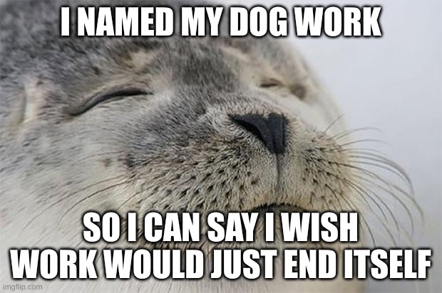 Ahhhhh | I NAMED MY DOG WORK; SO I CAN SAY I WISH WORK WOULD JUST END ITSELF | image tagged in memes,satisfied seal | made w/ Imgflip meme maker