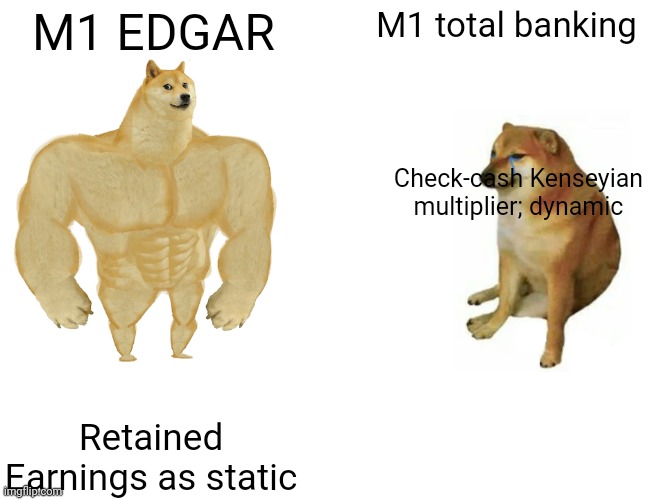 Buff Doge vs. Cheems Meme | M1 EDGAR; M1 total banking; Check-cash Kenseyian multiplier; dynamic; Retained Earnings as static | image tagged in memes,buff doge vs cheems | made w/ Imgflip meme maker