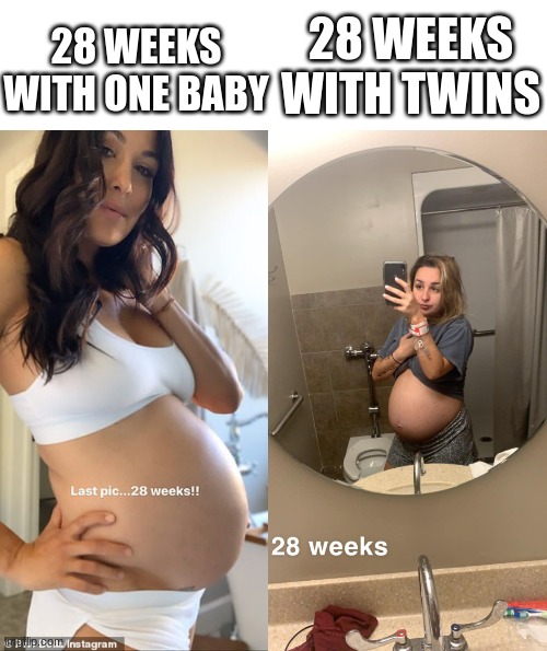 28 weeks | 28 WEEKS WITH TWINS; 28 WEEKS WITH ONE BABY | image tagged in pregnant,28 weeks,one baby,twins | made w/ Imgflip meme maker