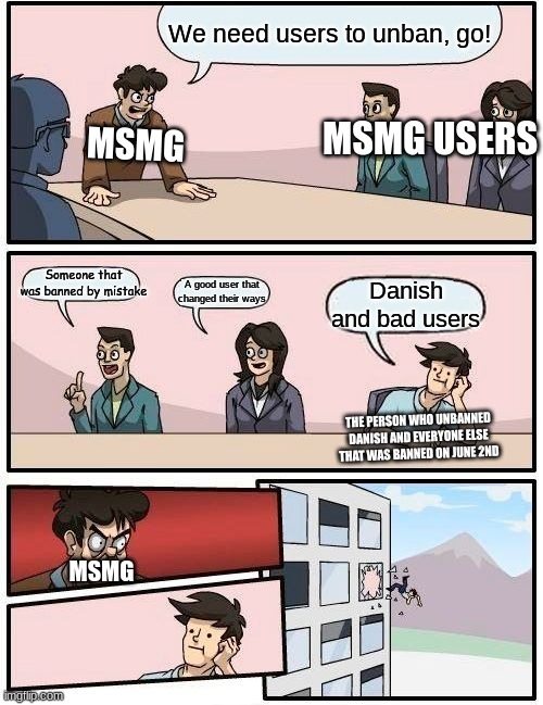 Do yall remember what happened on June 2nd? | We need users to unban, go! MSMG USERS; MSMG; Someone that was banned by mistake; A good user that changed their ways; Danish and bad users; THE PERSON WHO UNBANNED DANISH AND EVERYONE ELSE THAT WAS BANNED ON JUNE 2ND; MSMG | image tagged in memes,boardroom meeting suggestion,oof,why tho,skull | made w/ Imgflip meme maker