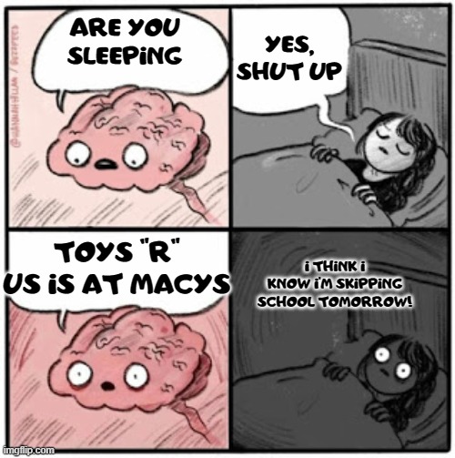 Toys "R" us is back | Yes, SHUT UP; Are you sleeping; Toys "R" us is at macys; I think I know I'm skipping school tomorrow! | image tagged in toys r us | made w/ Imgflip meme maker