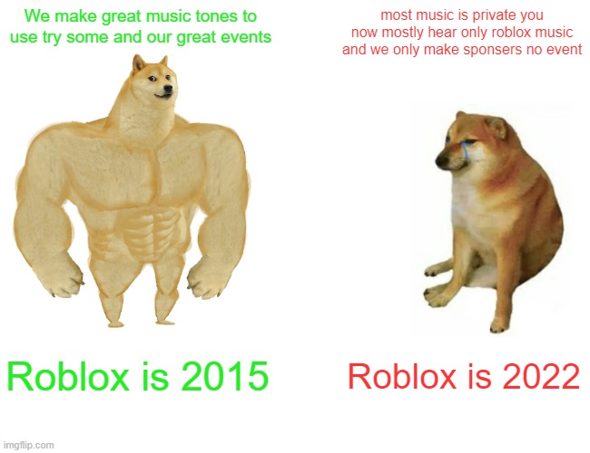 Buff Doge vs. Cheems | We make great music tones to use try some and our great events; most music is private you now mostly hear only roblox music and we only make sponsers no event; Roblox is 2015; Roblox is 2022 | image tagged in memes,buff doge vs cheems | made w/ Imgflip meme maker